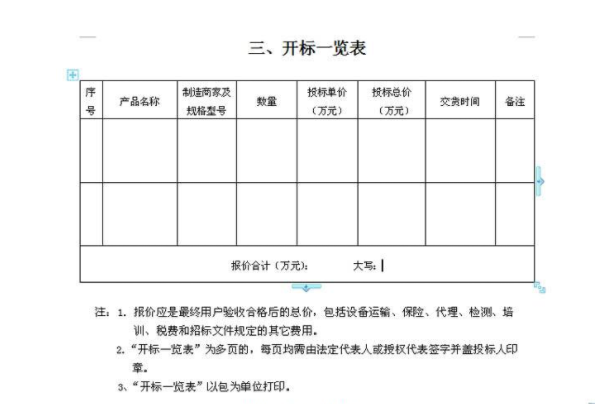 开标一览表